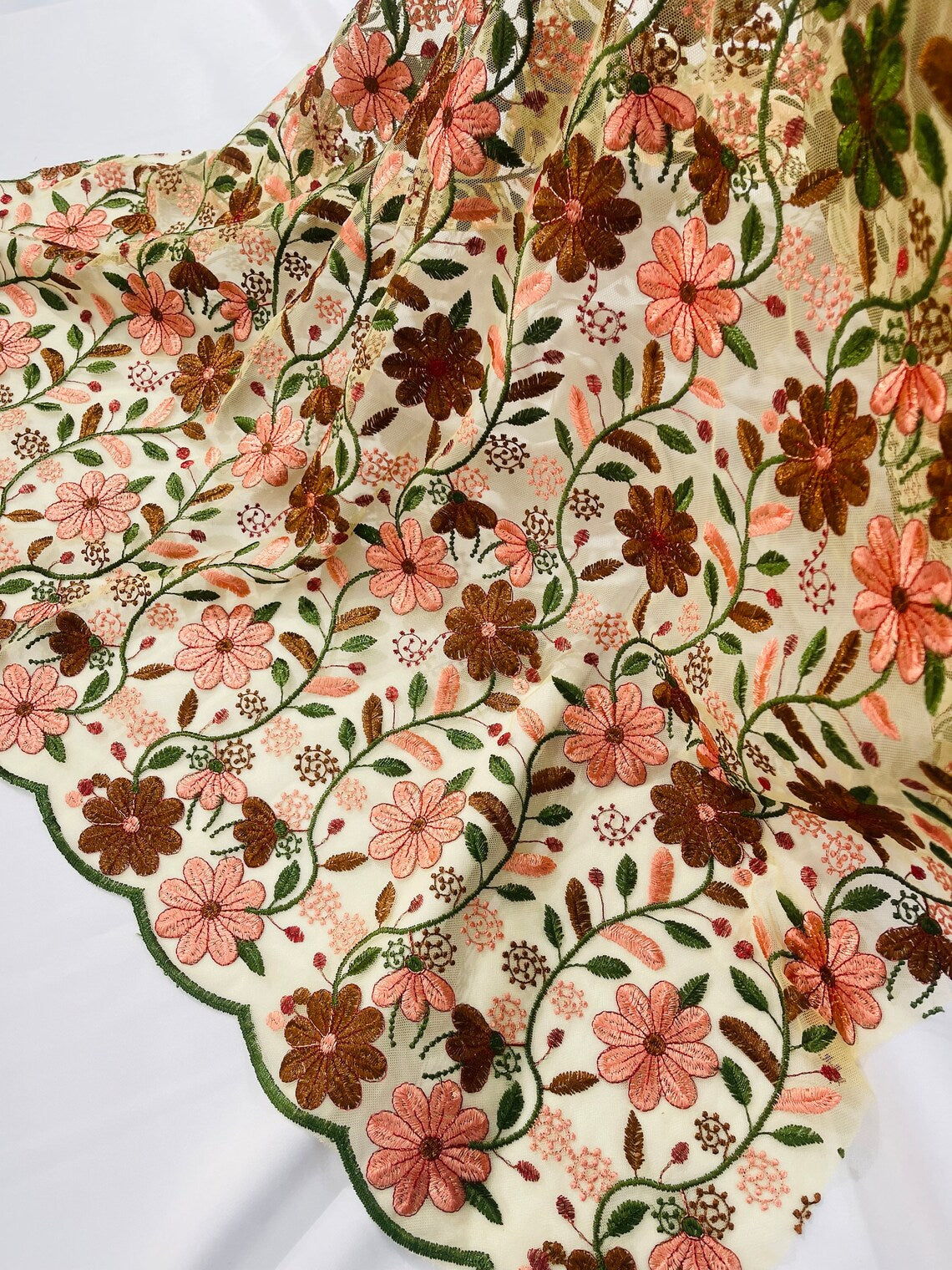 Multi-Color Floral Design Fabric - Brown / Green / Coral - Flower Design Embroidered Lace  By Yard