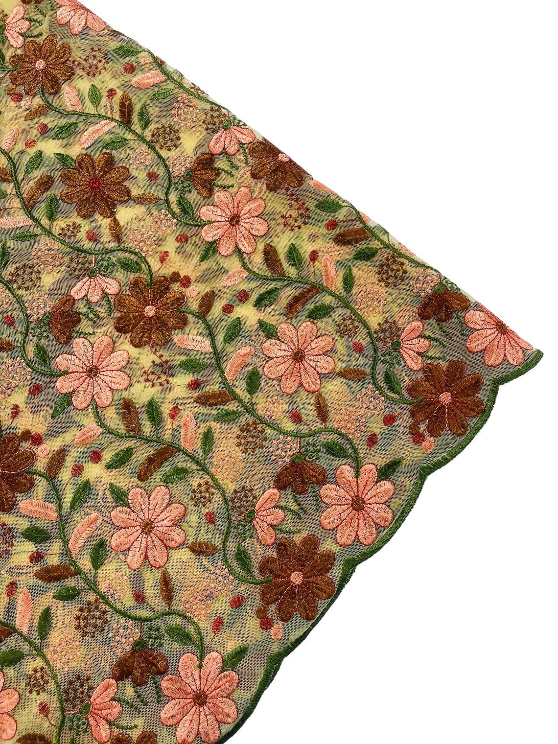 Multi-Color Floral Design Fabric - Brown / Green / Coral - Flower Design Embroidered Lace  By Yard