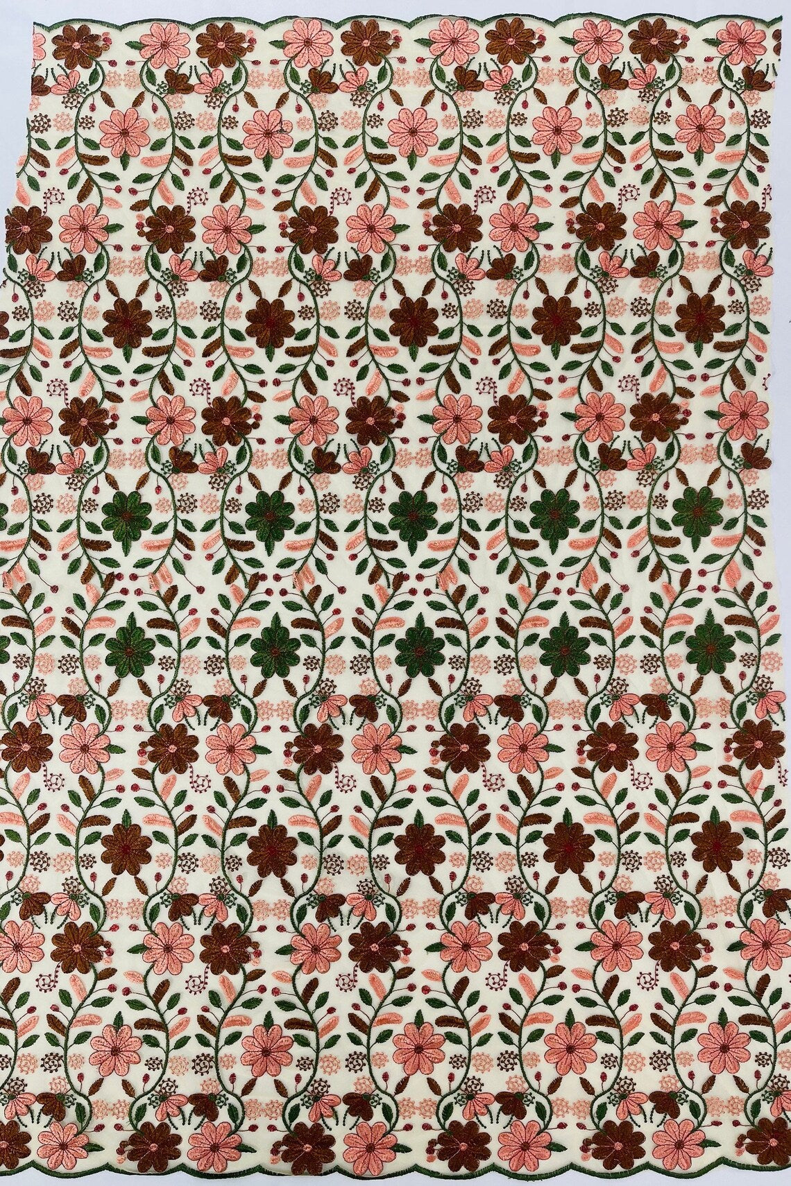 Multi-Color Floral Design Fabric - Brown / Green / Coral - Flower Design Embroidered Lace  By Yard