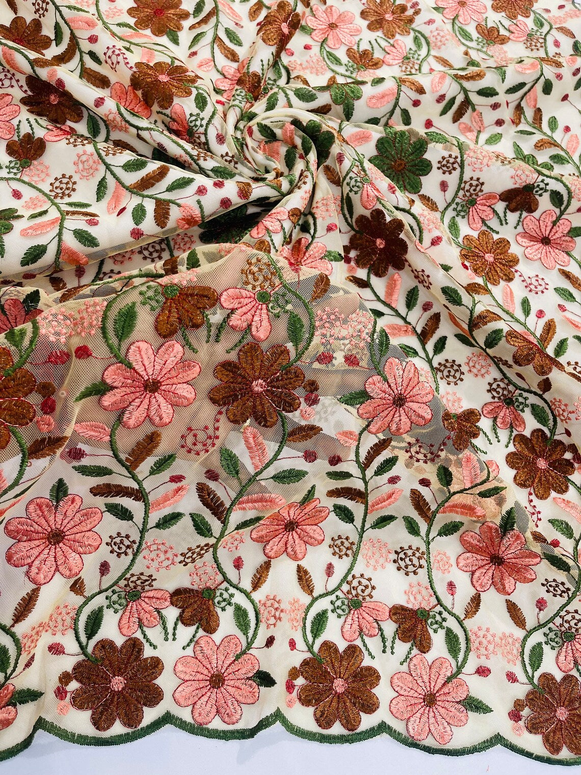 Multi-Color Floral Design Fabric - Brown / Green / Coral - Flower Design Embroidered Lace  By Yard