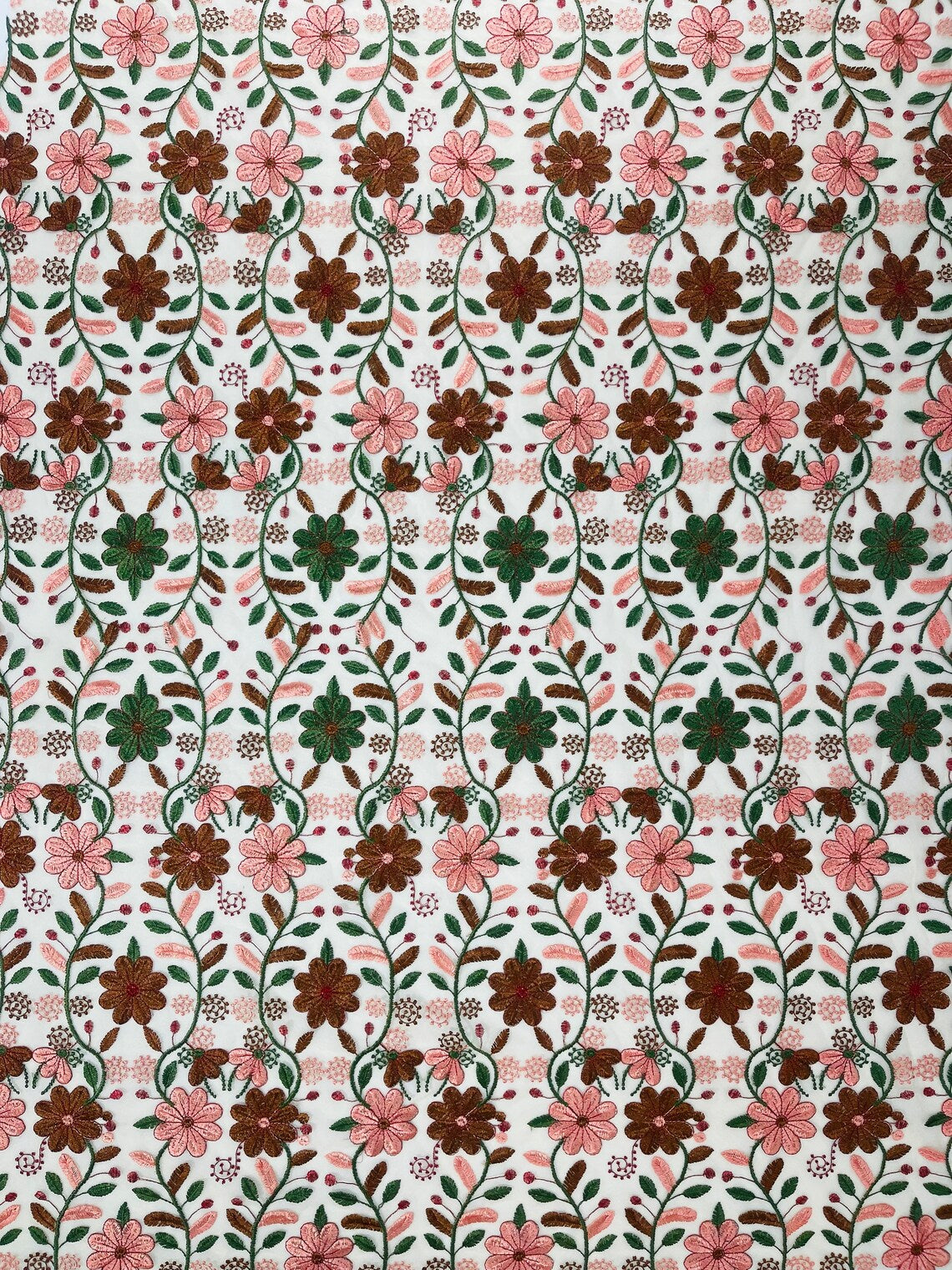 Multi-Color Floral Design Fabric - Brown / Green / Coral - Flower Design Embroidered Lace  By Yard