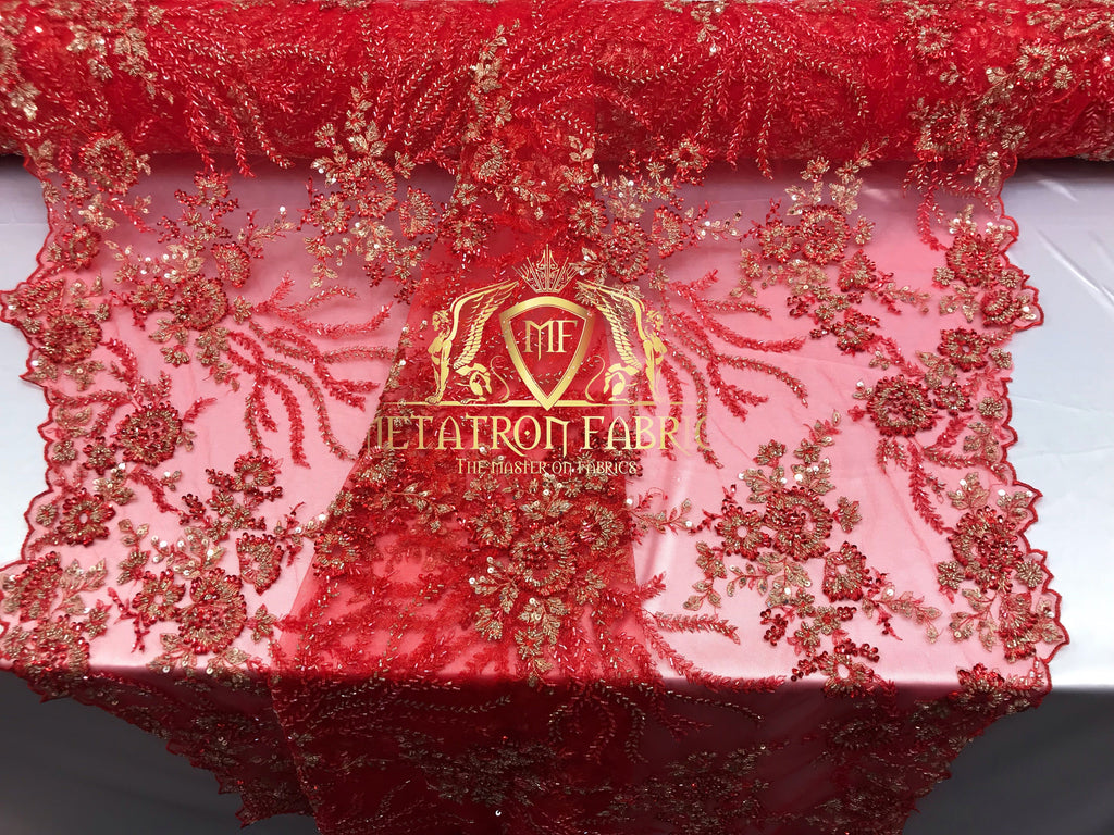 Beaded - Red - Fancy Flower Design Sequins Fabric with Beads Sold By The Yard