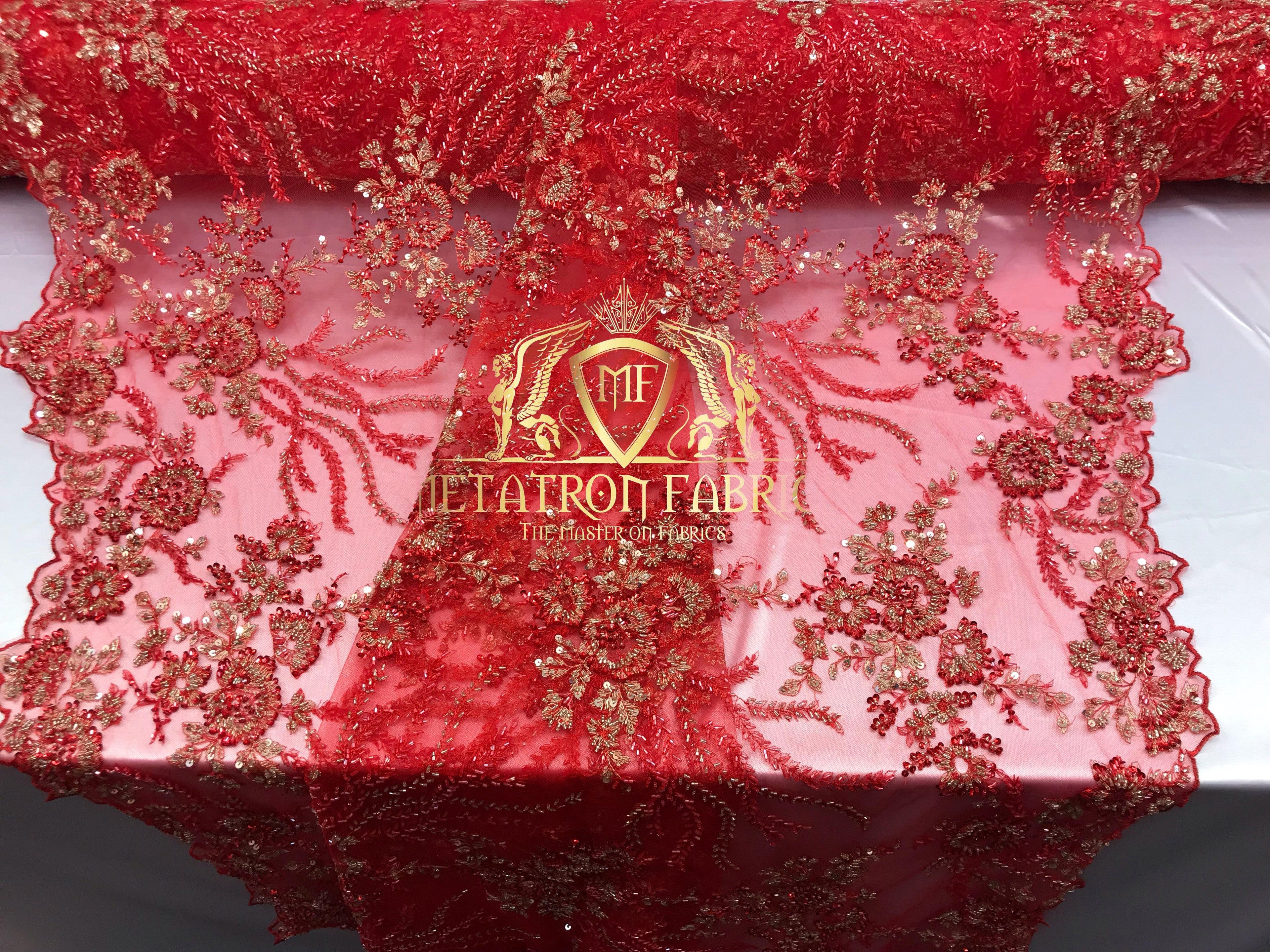 Beaded - Red - Fancy Flower Design Sequins Fabric with Beads Sold By The Yard