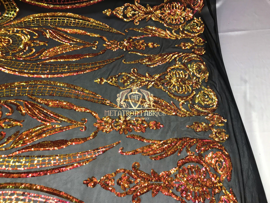 Big Damask Sequins Fabric - Orange on Black - 4 Way Stretch Damask Sequins Design Fabric By Yard