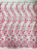 3D Floral Leaf Panels - Bubble Gum Pink - Embroidered 3D Flower Lines with Pearls on Lace By Yard