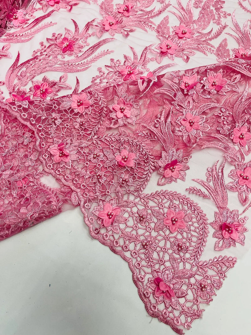 3D Floral Leaf Panels - Bubble Gum Pink - Embroidered 3D Flower Lines with Pearls on Lace By Yard