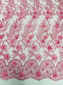 3D Floral Leaf Panels - Bubble Gum Pink - Embroidered 3D Flower Lines with Pearls on Lace By Yard