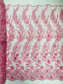 3D Floral Leaf Panels - Bubble Gum Pink - Embroidered 3D Flower Lines with Pearls on Lace By Yard