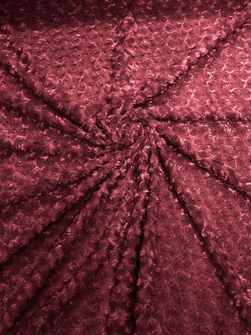58" Minky Swirl Rose Fabric - Burgundy - Soft Rosebud Plush Fur Fabric Sold By The Yard