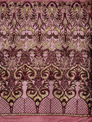 Open Heart Damask Design - Burgundy - 4 Way Stretch Sequins Embroidered Fabric By Yard