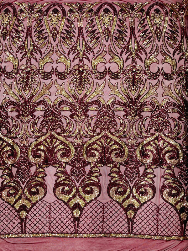 Open Heart Damask Design - Burgundy - 4 Way Stretch Sequins Embroidered Fabric By Yard