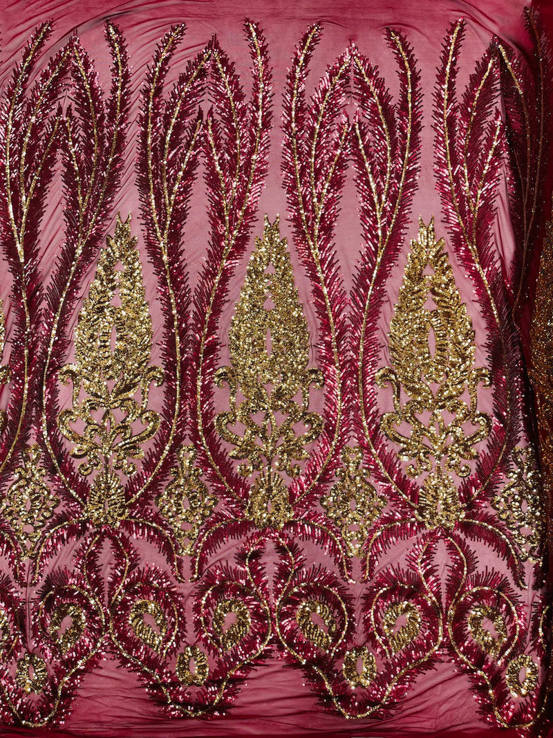Damask Palm Leaf Design - Burgundy / Gold - 4 Way Stretch Sequin Fabric on a Spandex Mesh Sold By Yard