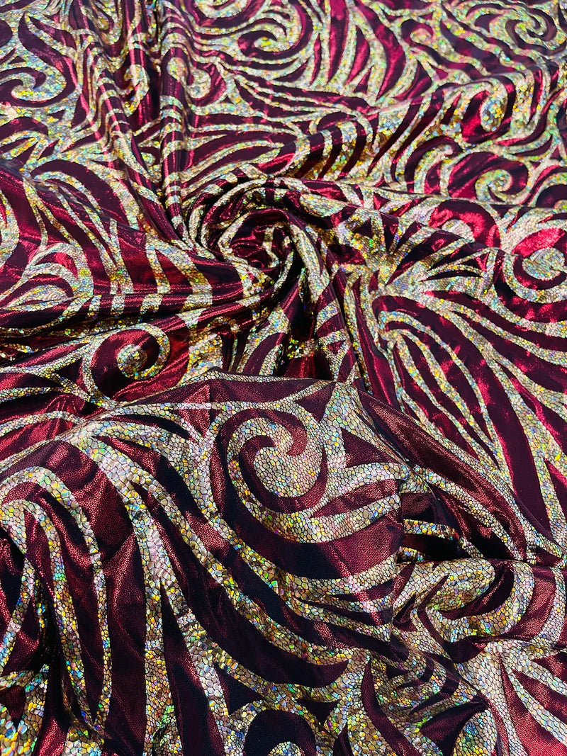 Tribal Swirl Spandex Fabric - Burgundy / Gold - Hologram Metallic 4-Way Stretch Milliskin Fabric by Yard