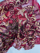 Open Heart Damask Design - Burgundy - 4 Way Stretch Sequins Embroidered Fabric By Yard