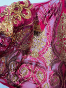 Damask Palm Leaf Design - Burgundy / Gold - 4 Way Stretch Sequin Fabric on a Spandex Mesh Sold By Yard