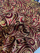 Tribal Swirl Spandex Fabric - Burgundy / Gold - Hologram Metallic 4-Way Stretch Milliskin Fabric by Yard