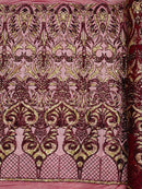 Open Heart Damask Design - Burgundy - 4 Way Stretch Sequins Embroidered Fabric By Yard
