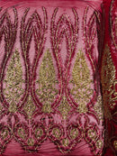 Damask Palm Leaf Design - Burgundy / Gold - 4 Way Stretch Sequin Fabric on a Spandex Mesh Sold By Yard