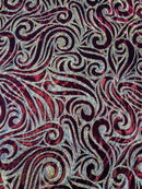 Tribal Swirl Spandex Fabric - Burgundy / Gold - Hologram Metallic 4-Way Stretch Milliskin Fabric by Yard