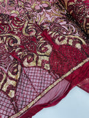 Open Heart Damask Design - Burgundy - 4 Way Stretch Sequins Embroidered Fabric By Yard
