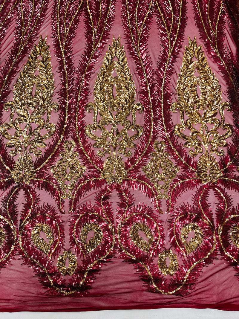 Damask Palm Leaf Design - Burgundy / Gold - 4 Way Stretch Sequin Fabric on a Spandex Mesh Sold By Yard