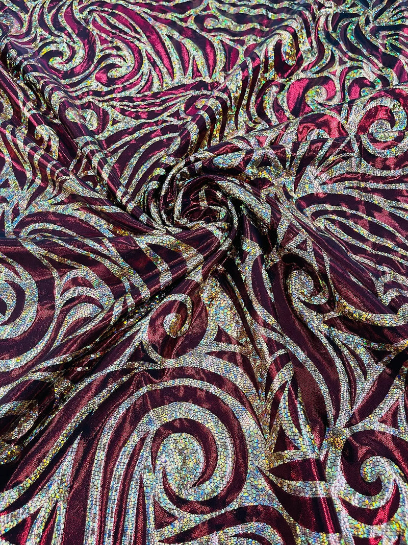 Tribal Swirl Spandex Fabric - Burgundy / Gold - Hologram Metallic 4-Way Stretch Milliskin Fabric by Yard