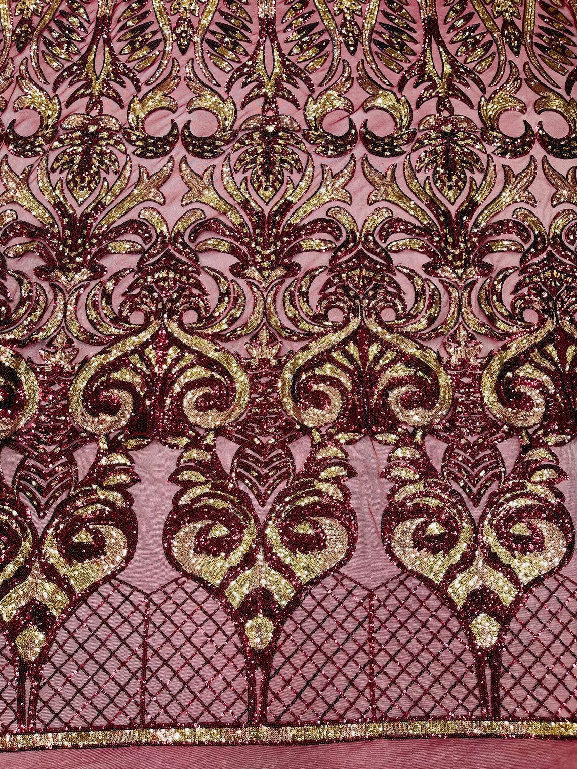 Open Heart Damask Design - Burgundy - 4 Way Stretch Sequins Embroidered Fabric By Yard