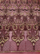 Open Heart Damask Design - Burgundy - 4 Way Stretch Sequins Embroidered Fabric By Yard