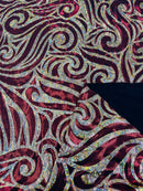 Tribal Swirl Spandex Fabric - Burgundy / Gold - Hologram Metallic 4-Way Stretch Milliskin Fabric by Yard