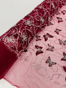 3D Butterfly Beaded Fabric - Burgundy / Silver - Beaded Sequins Butterfly Embroidered Fabric By Yard