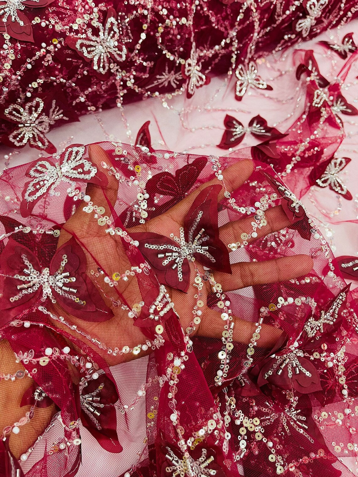 3D Butterfly Beaded Fabric - Burgundy / Silver - Beaded Sequins Butterfly Embroidered Fabric By Yard