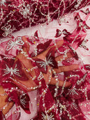 3D Butterfly Beaded Fabric - Burgundy / Silver - Beaded Sequins Butterfly Embroidered Fabric By Yard