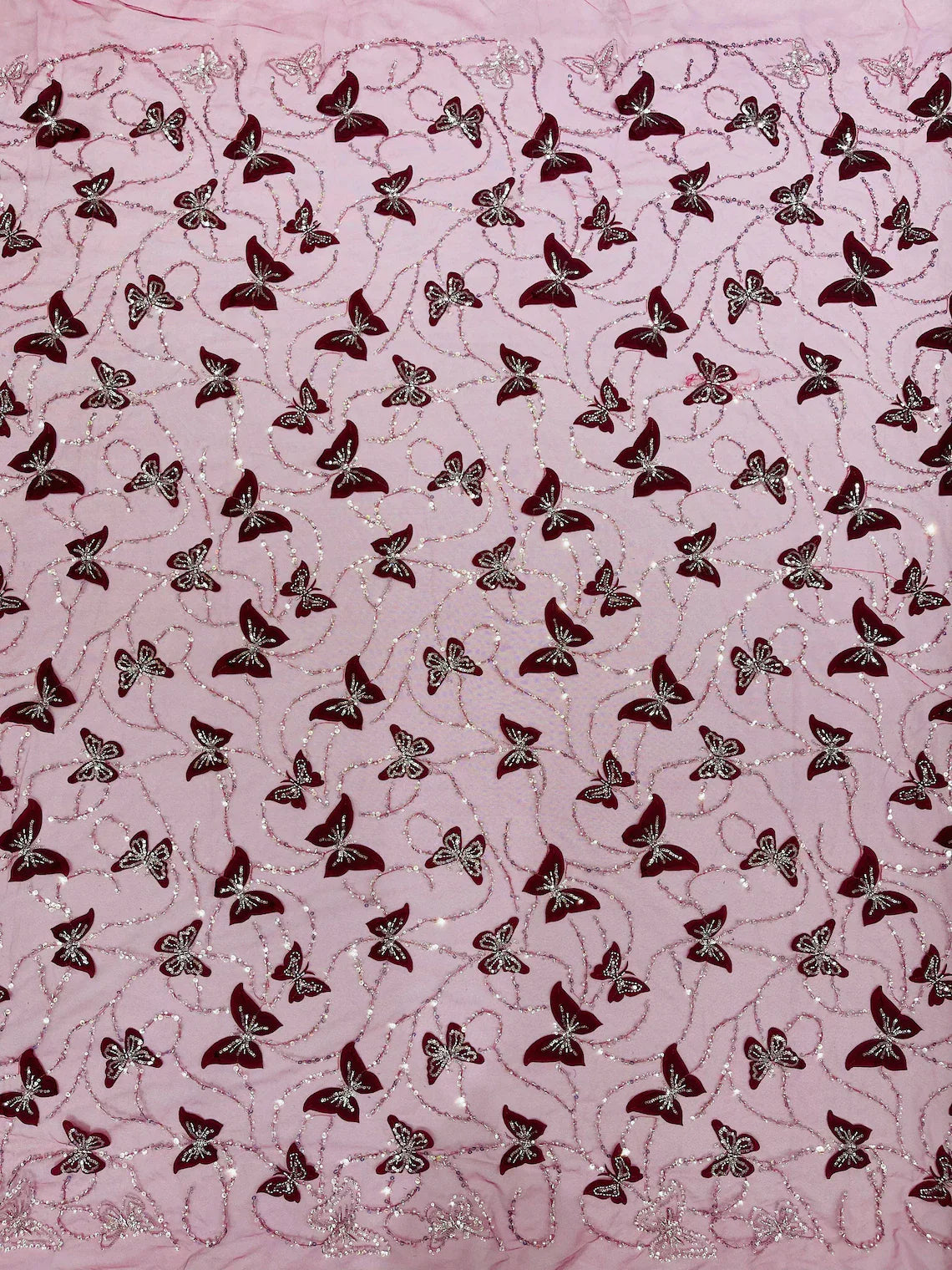 3D Butterfly Beaded Fabric - Burgundy / Silver - Beaded Sequins Butterfly Embroidered Fabric By Yard