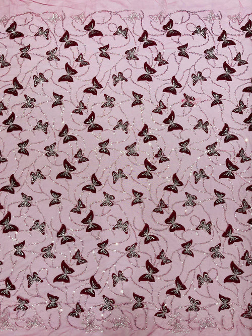 3D Butterfly Beaded Fabric - Burgundy / Silver - Beaded Sequins Butterfly Embroidered Fabric By Yard
