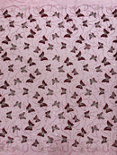 3D Butterfly Beaded Fabric - Burgundy / Silver - Beaded Sequins Butterfly Embroidered Fabric By Yard