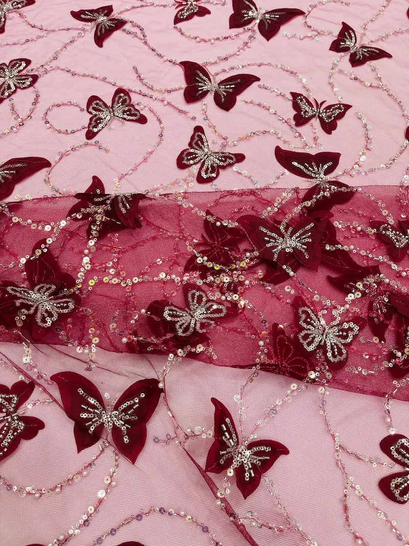 3D Butterfly Beaded Fabric - Burgundy / Silver - Beaded Sequins Butterfly Embroidered Fabric By Yard