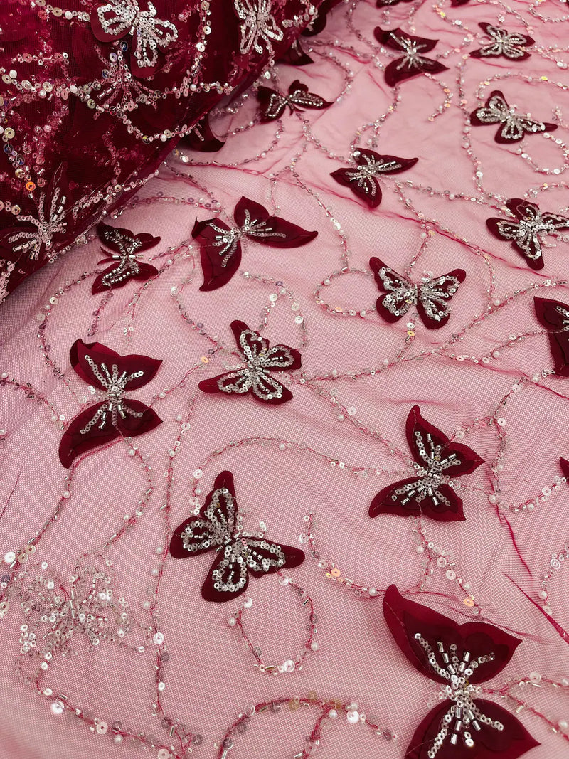 3D Butterfly Beaded Fabric - Burgundy / Silver - Beaded Sequins Butterfly Embroidered Fabric By Yard