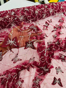 3D Butterfly Beaded Fabric - Burgundy / Silver - Beaded Sequins Butterfly Embroidered Fabric By Yard