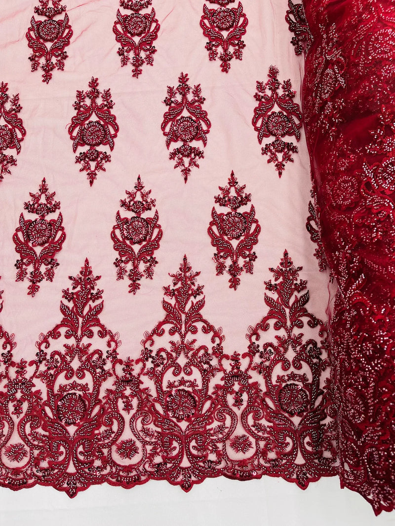 Floral Bead Embroidery Fabric - Burgundy - Damask Floral Bead Bridal Lace Fabric by the yard