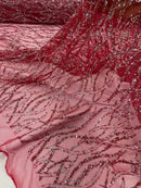 Glitter Wavy Bead Fabric - Burgundy - Sequins, Bead, Glitter Design on Lace Fabric By Yard