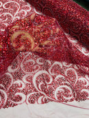 Beaded Swirl Design Fabric - Burgundy - Swirl Design with Beads and Sequins on Lace by Yard