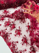 3D Flower Sequins Design - Burgundy - Embroidered Pearl Sequins Floral Clusters Lace Fabric By Yard