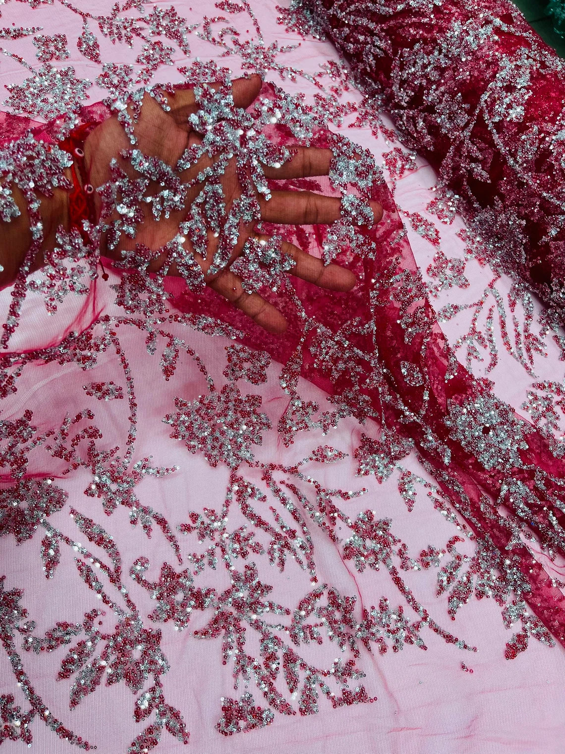 Floral Silver Beaded Fabric - Burgundy - Flower Design with Silver Beads and Sequins on Lace by Yard