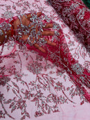 Floral Silver Beaded Fabric - Burgundy - Flower Design with Silver Beads and Sequins on Lace by Yard