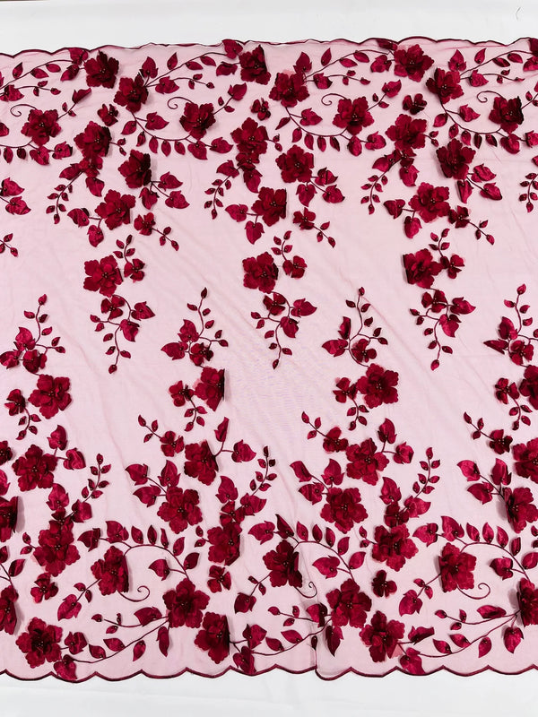 3D Floral Pearl Fabric - Burgundy - Embroidered Floral Pearl Fabric Double Border On Mesh By Yard
