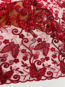 Butterfly Swirl Lace Fabric - Burgundy - Metallic Sequins Design on Lace Fabric By Yard