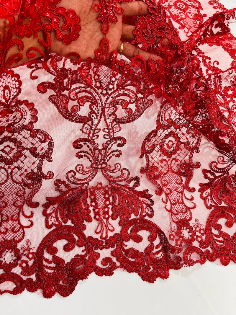 King Lace Pattern Fabric - Burgundy - Embroidered Sequins on Lace Mesh Fabric By Yard