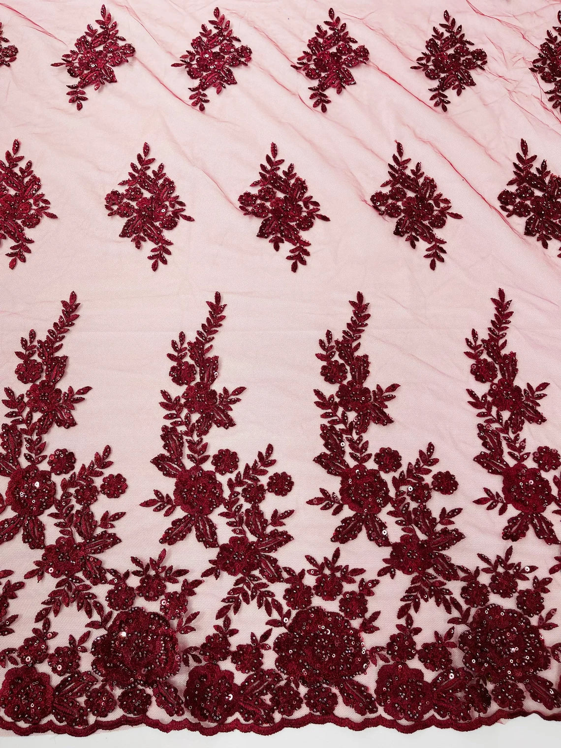 Beaded Rose Flower Fabric - Burgundy - Embroidered Beaded Long Border Floral Fabric By Yard