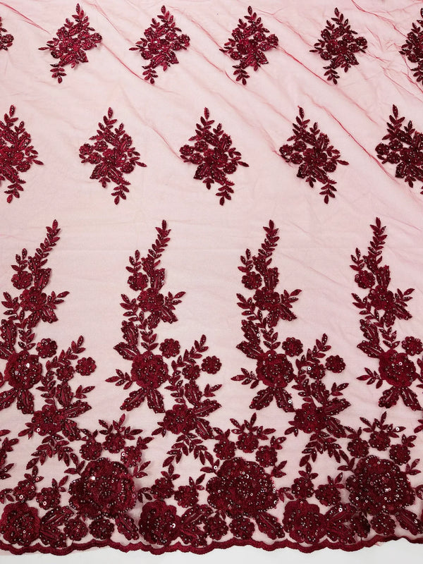 Beaded Rose Flower Fabric - Burgundy - Embroidered Beaded Long Border Floral Fabric By Yard