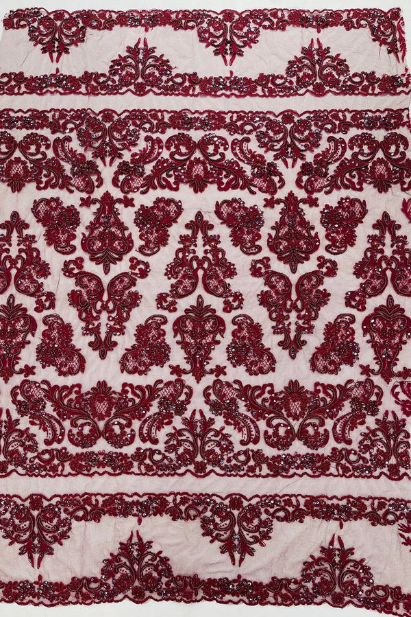 Beaded My Lady Damask Design - Burgundy - Beaded Fancy Damask Embroidered Fabric By Yard